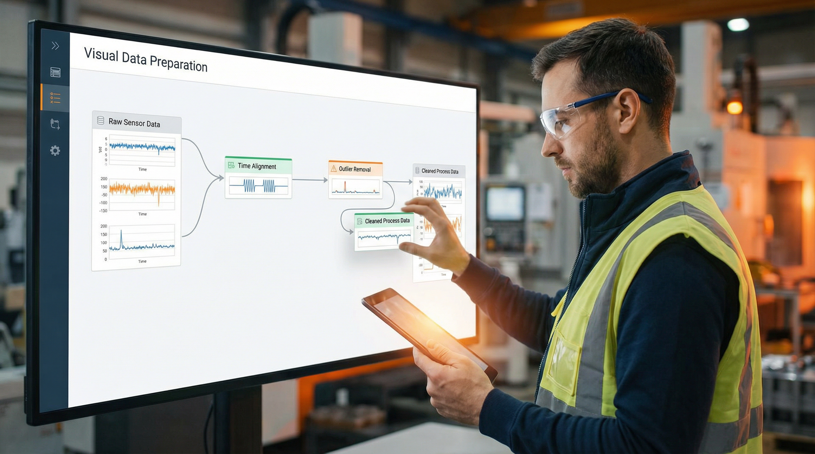Process engineer using visual tools to clean and label manufacturing data