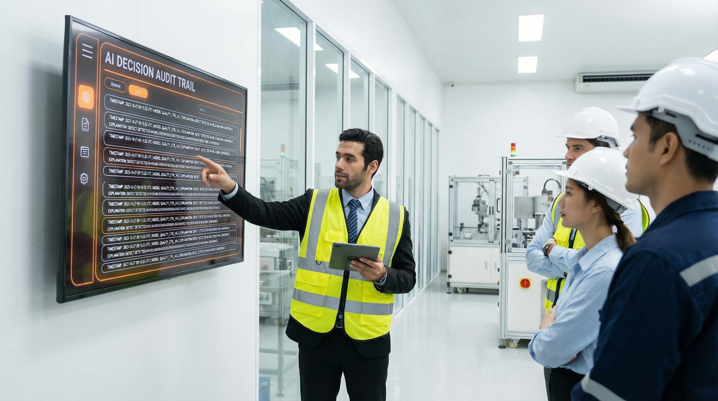 Operator reviewing AI recommendations with transparent decision explanations on a factory dashboard