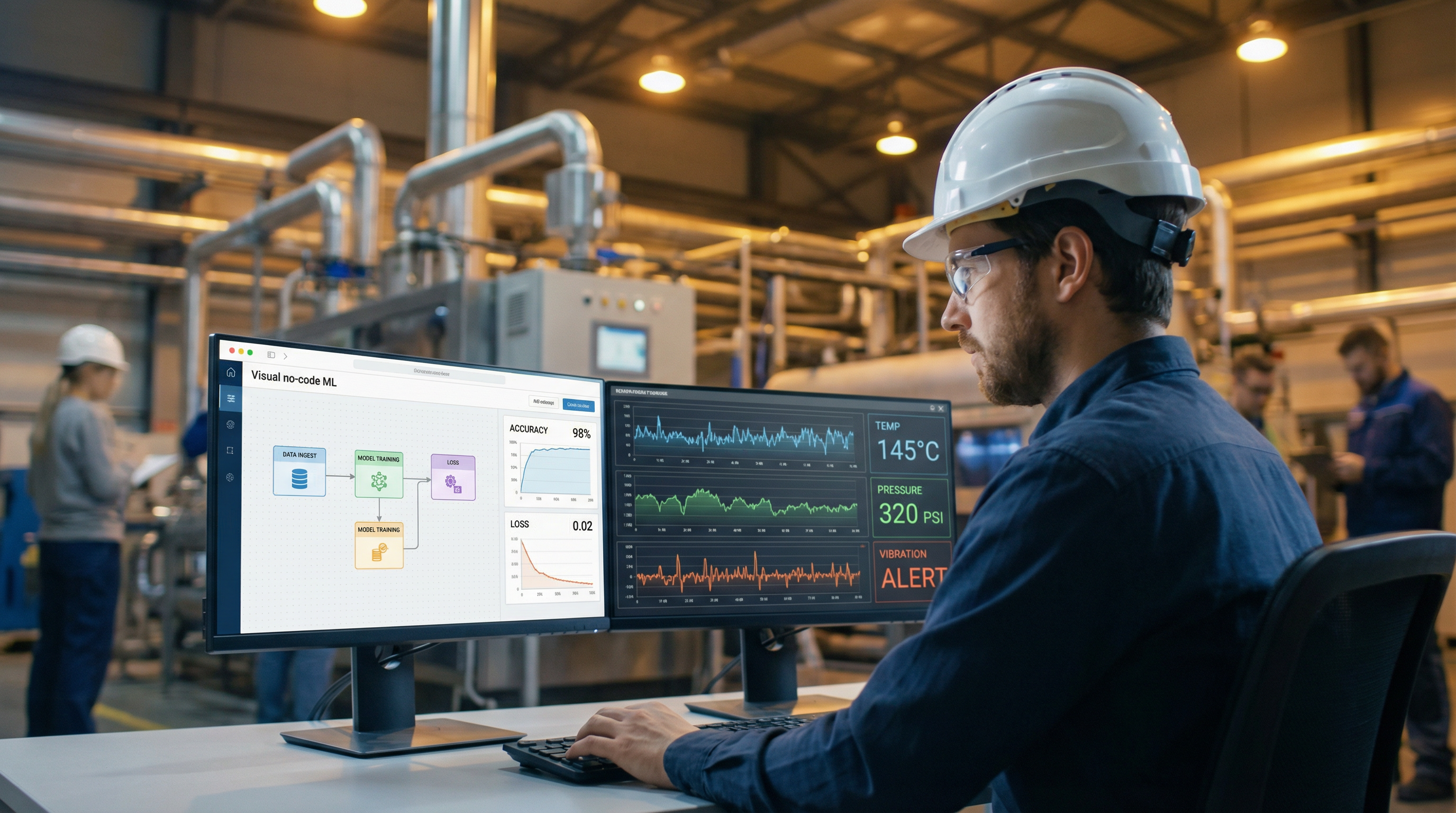 Process engineer analyzing machine data on the shop floor