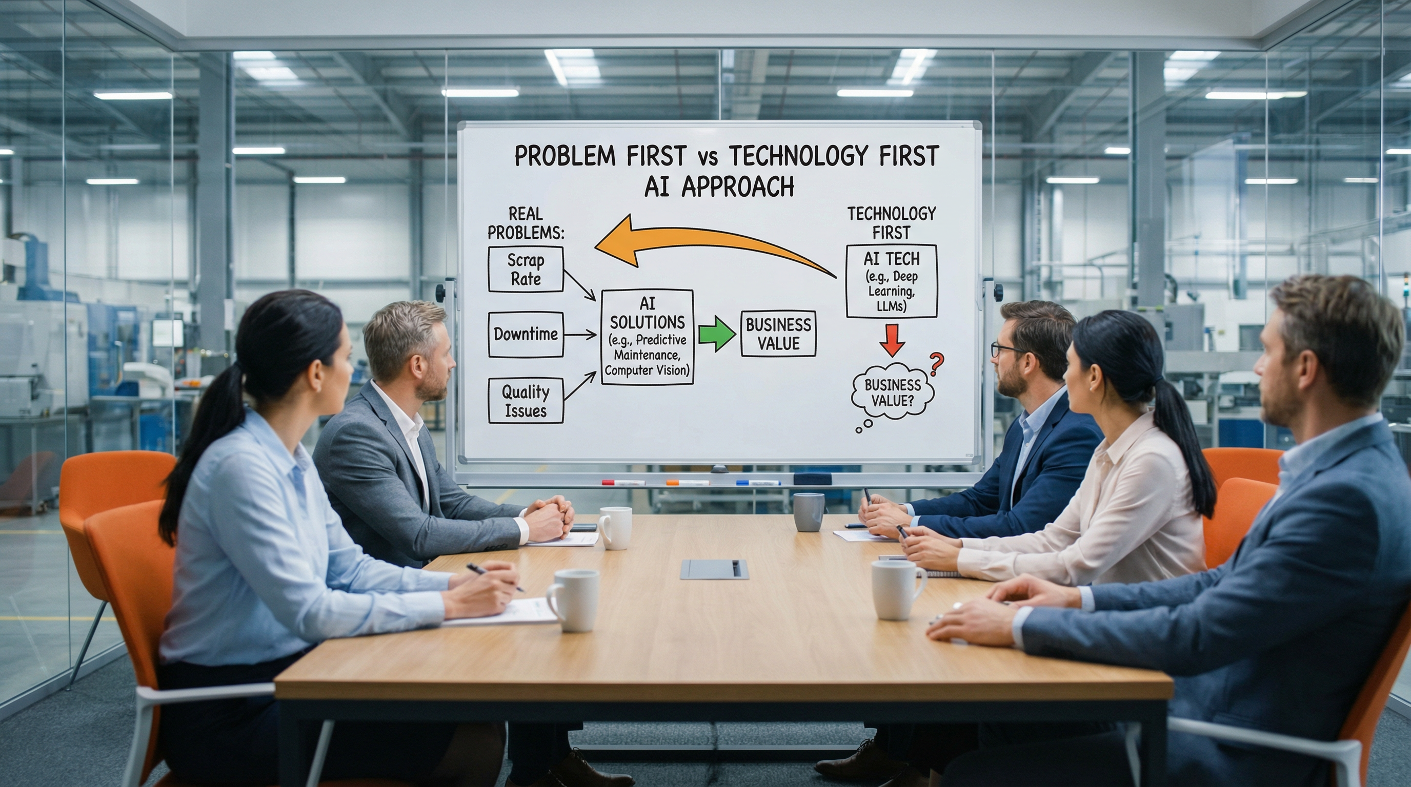 Diagram showing the difference between technology-first and problem-first AI approaches