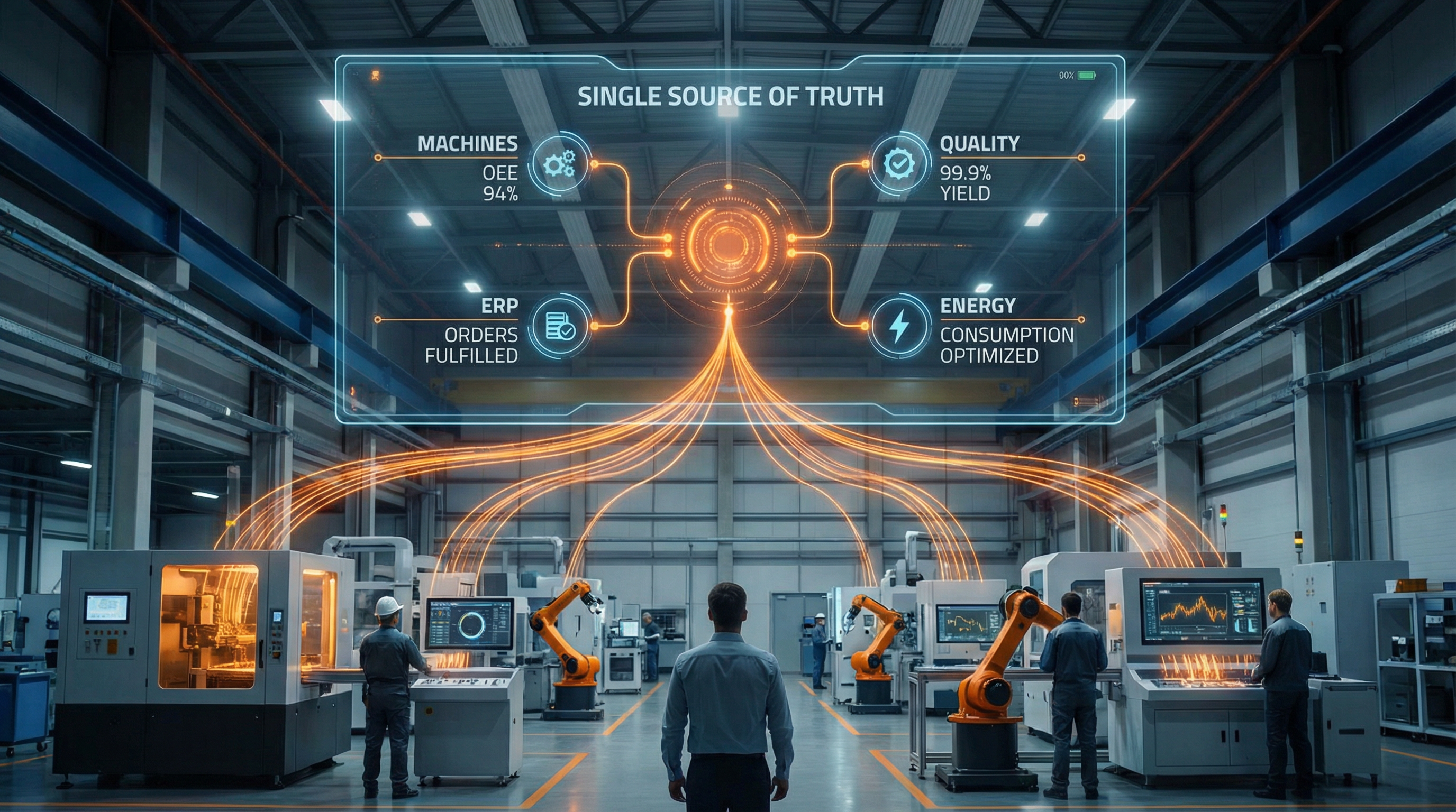 Cross-line analytics dashboard showing unified production data