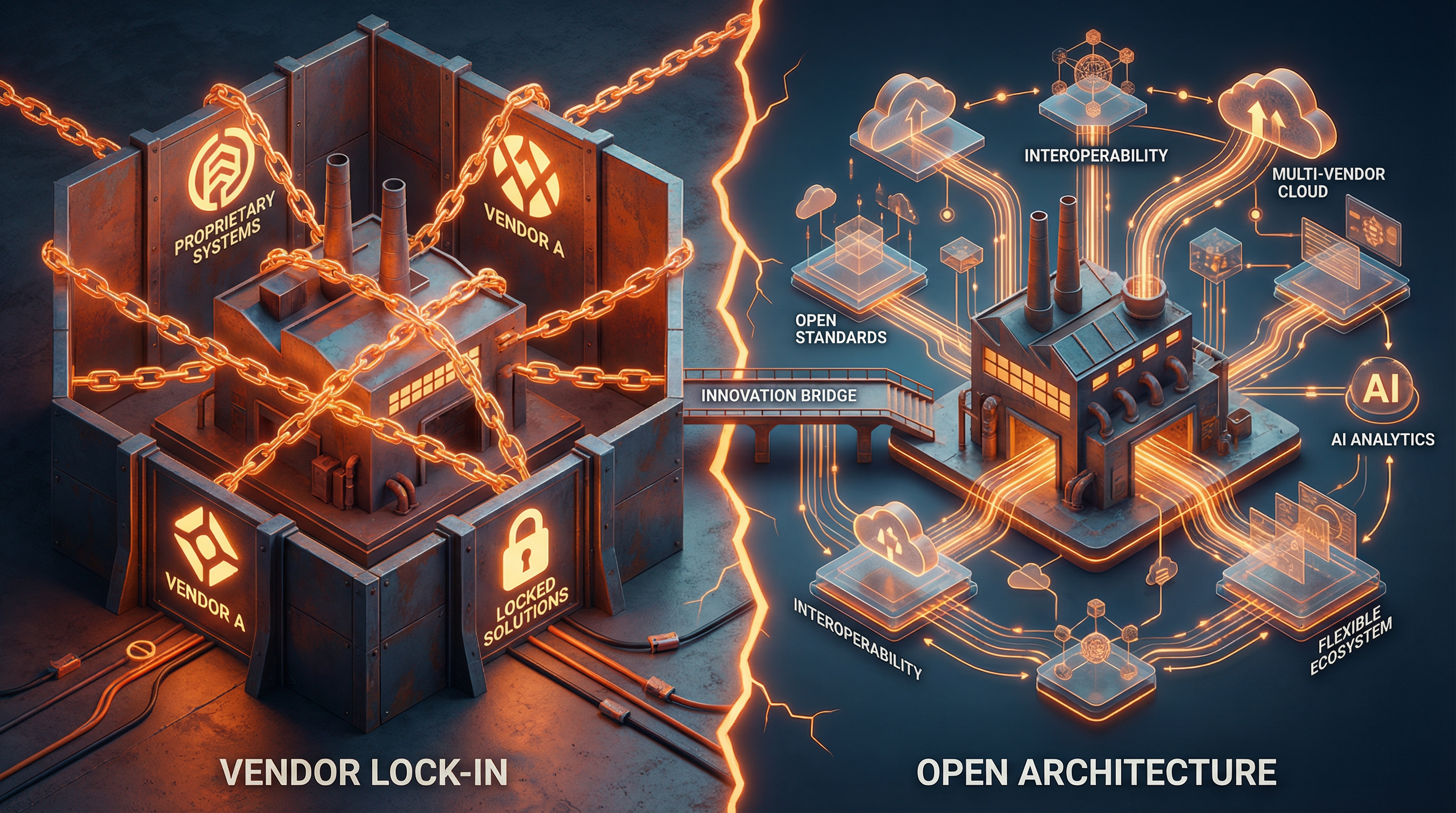Diagram showing a closed vendor ecosystem constraining manufacturing AI choices