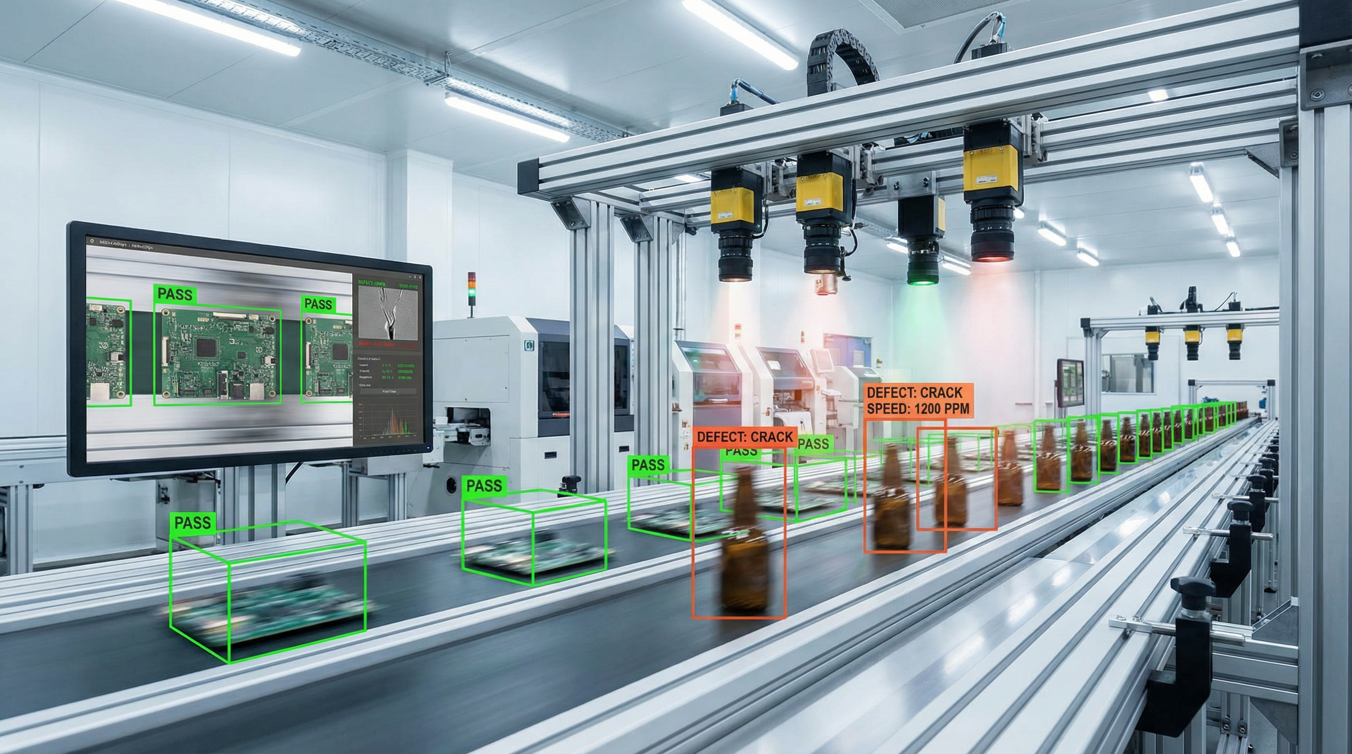 AI-powered camera system inspecting manufactured parts on a production line