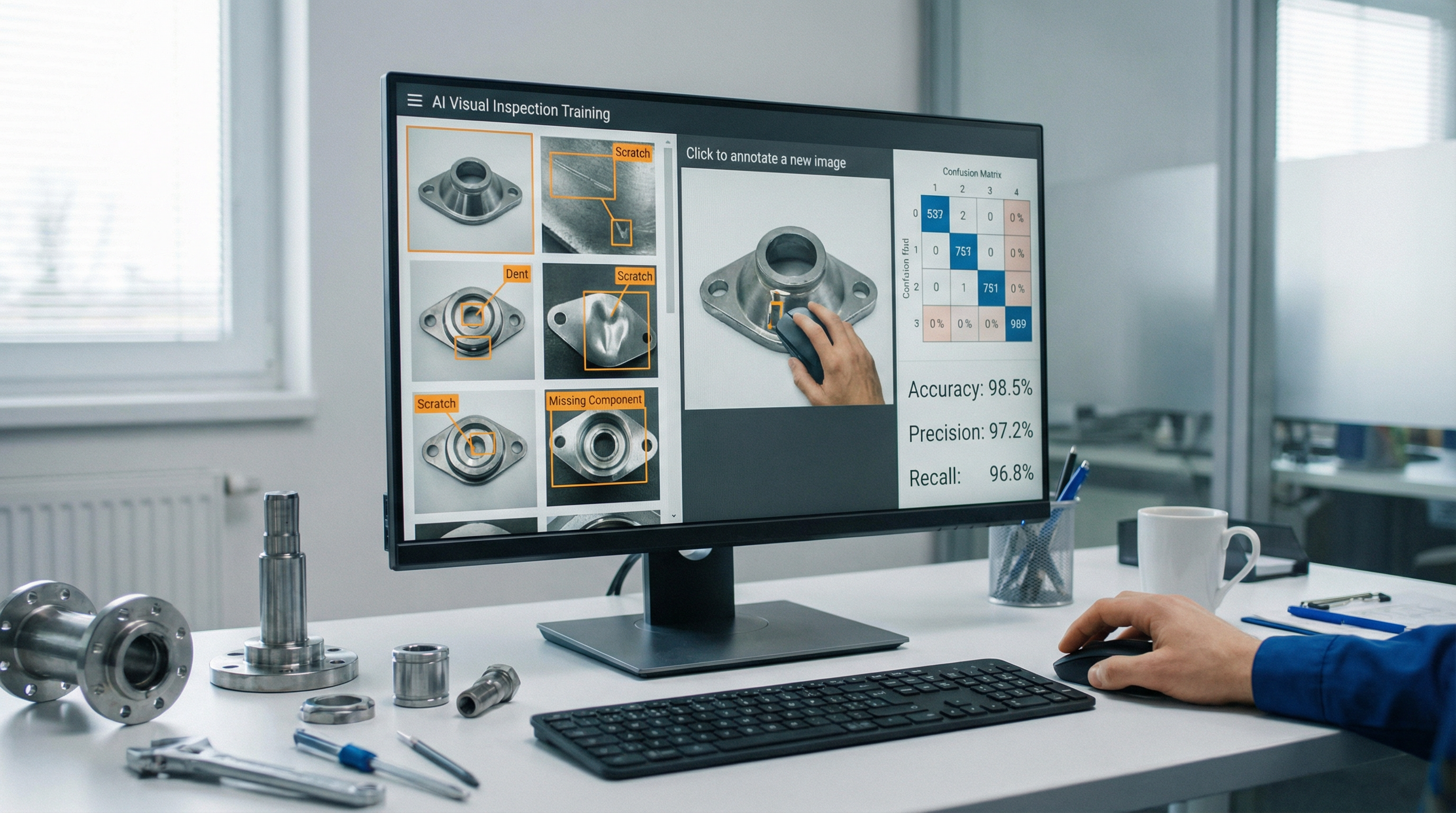 Quality engineer reviewing AI inspection results and model performance metrics