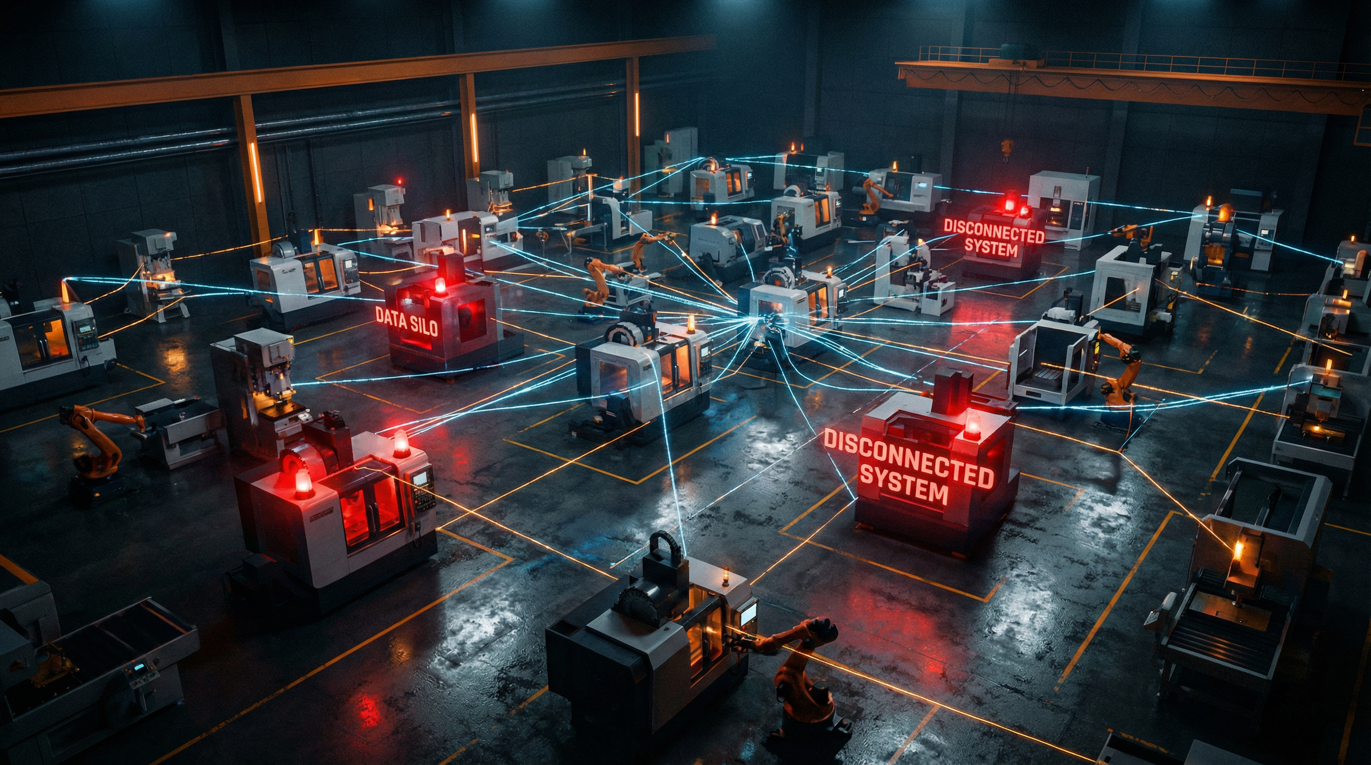 Factory floor with disconnected systems and fragmented data streams